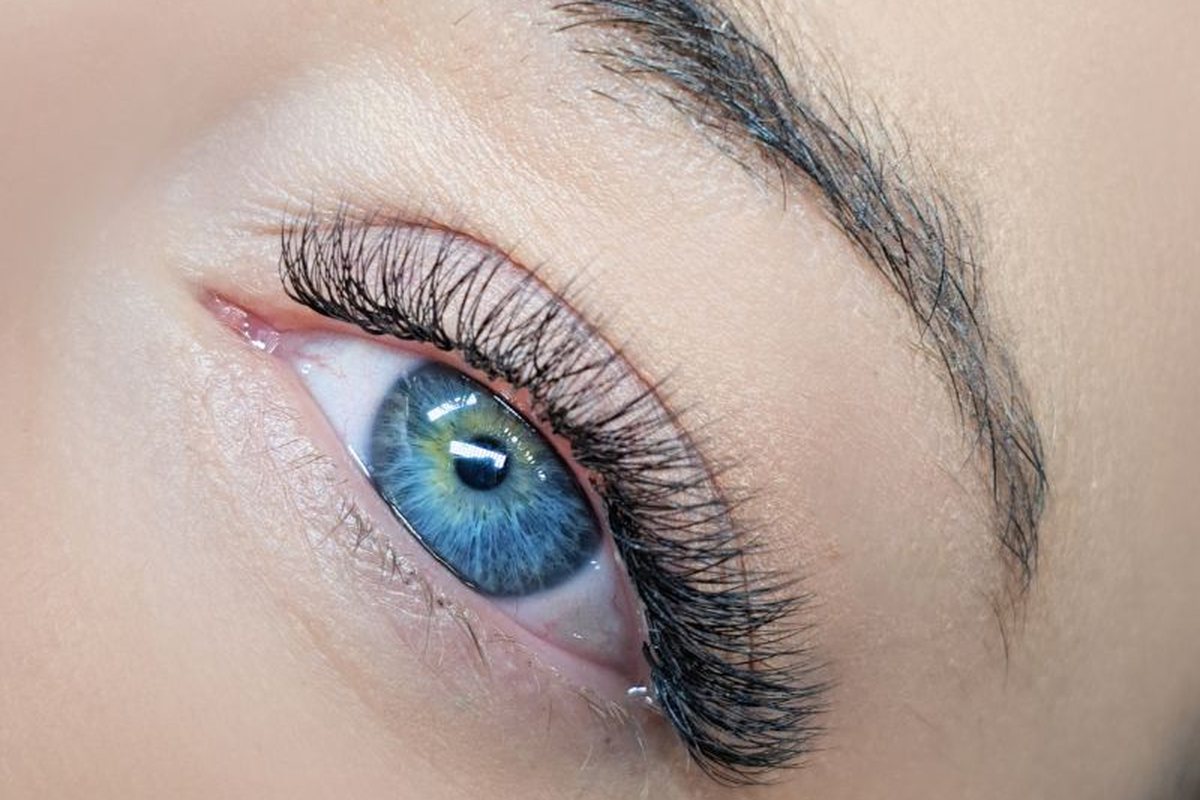 Finished eyelash extensions close up